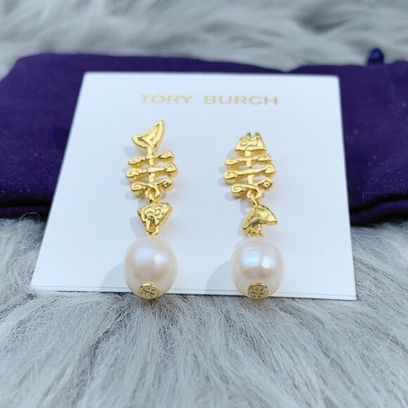 TORY BURCH Faux Pearl Fish Bone Drop Earrings - Picture 4 of 5